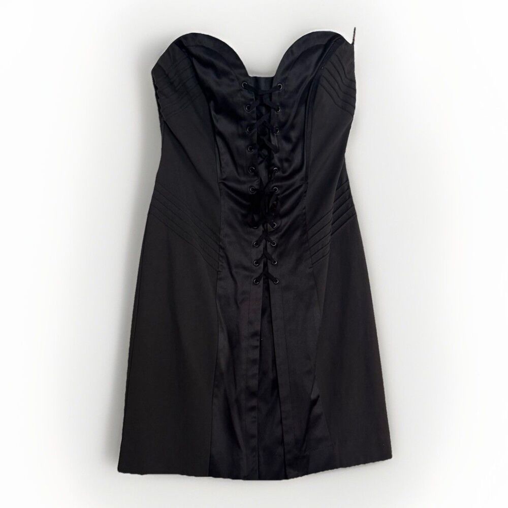 Vintage Betsey Johnson Corset Dress Black Satin Strapless Stretch Y2K Size 4 - Picture 2 of 15